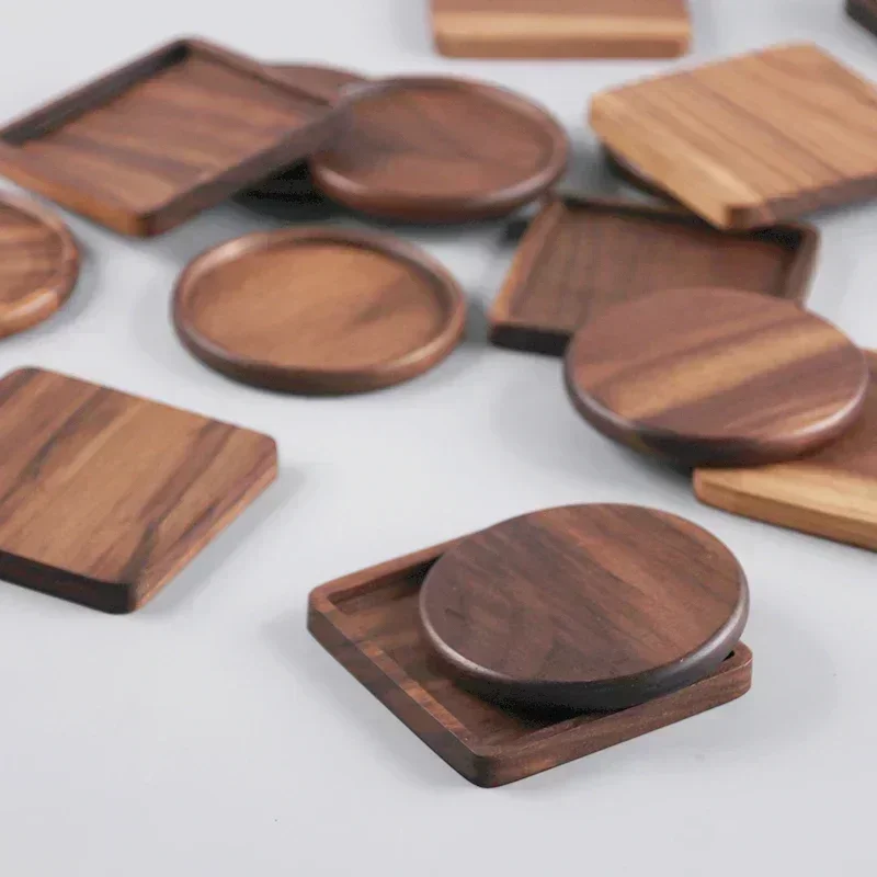 1PCS Solid Walnut Wood Coaster Round Square Beech Wood Cup Mat Durable Heat Resistant Tea Coffee Cup Pad Placemats 8.8cm/3.46in