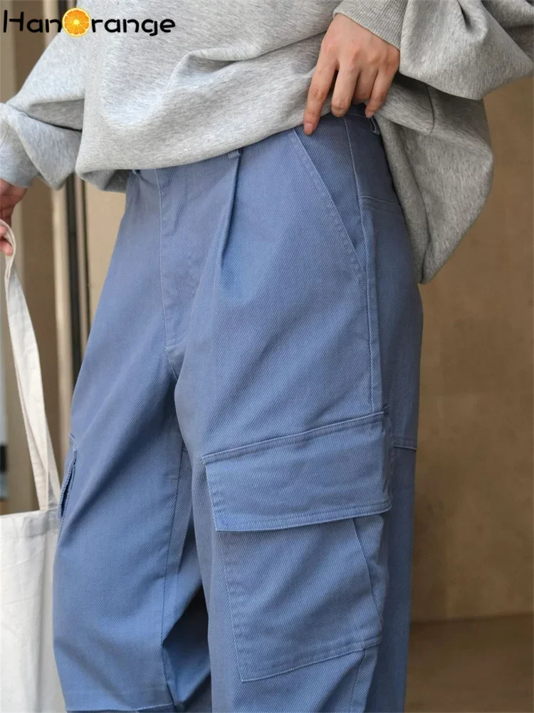 HanOrange 2024 Autumn Workwear Straight Leg Pants Women High Waist Three Dimensional Cargo Trousers Khaki Apricot/Denim Blue