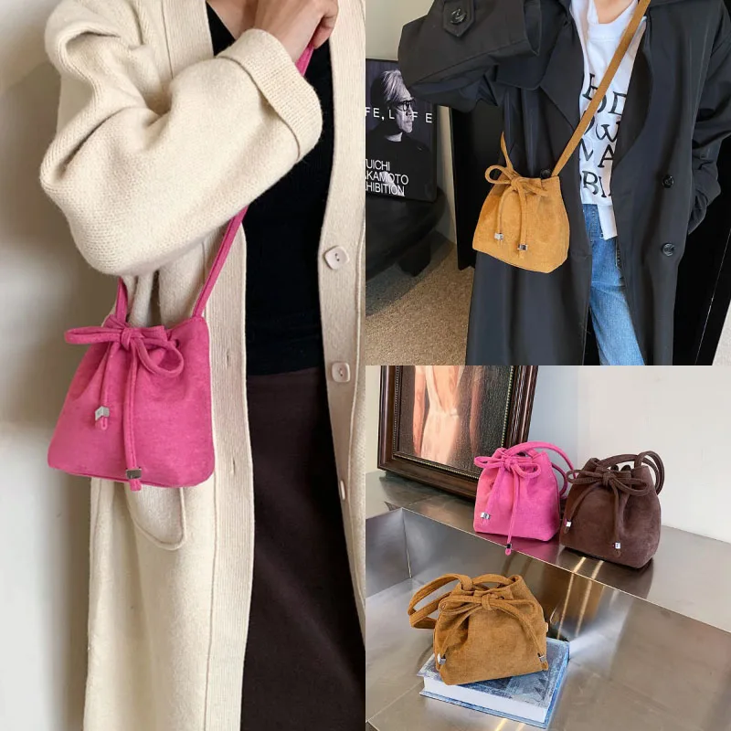 Bow Design Suede Crossbody Bag Autumn Winter Women New Vintage Brown Simple Mini Bucket Bag Soft Leather Drawstring Phone Bag