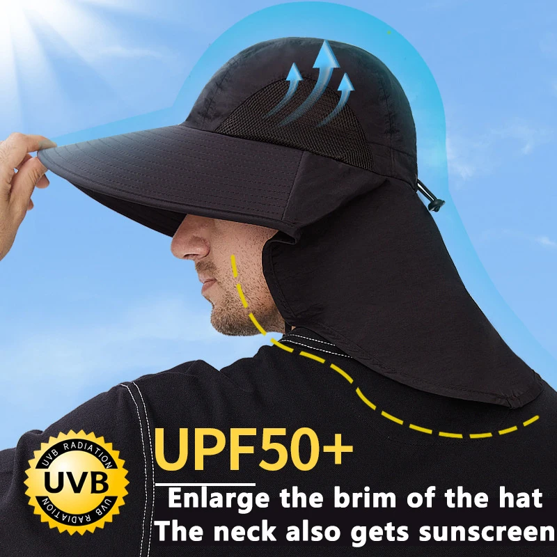 /KQM/Outdoor Sports Jungle Hiking Hat Fishing Hat Wide Brim Bucket Hat With Neck Cover Quick Dry Men Fishermen Sun Protected Cap