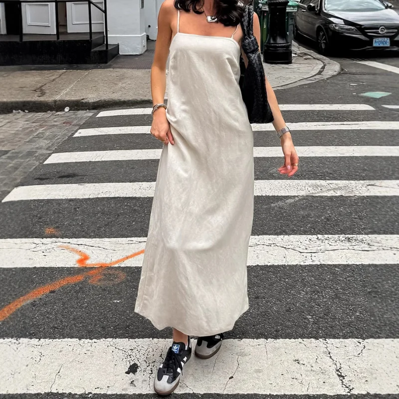 

Khaki Cotton Linen Vacation Style Strap Square Neck Dress2025Spring and Summer Fashion New Long Dress for Women