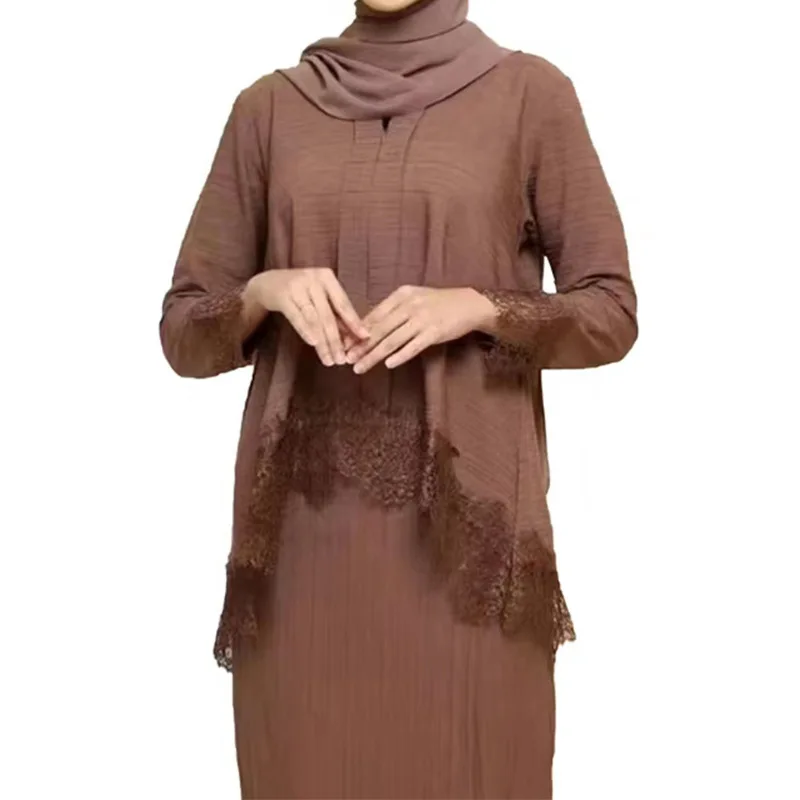 Muslim Tops Skirts Set For Ramadan Islam Dubai 3/4 Sleeves Tops Skirts Pleated Loose Set For Women Two Pieces Female Turkey Suit