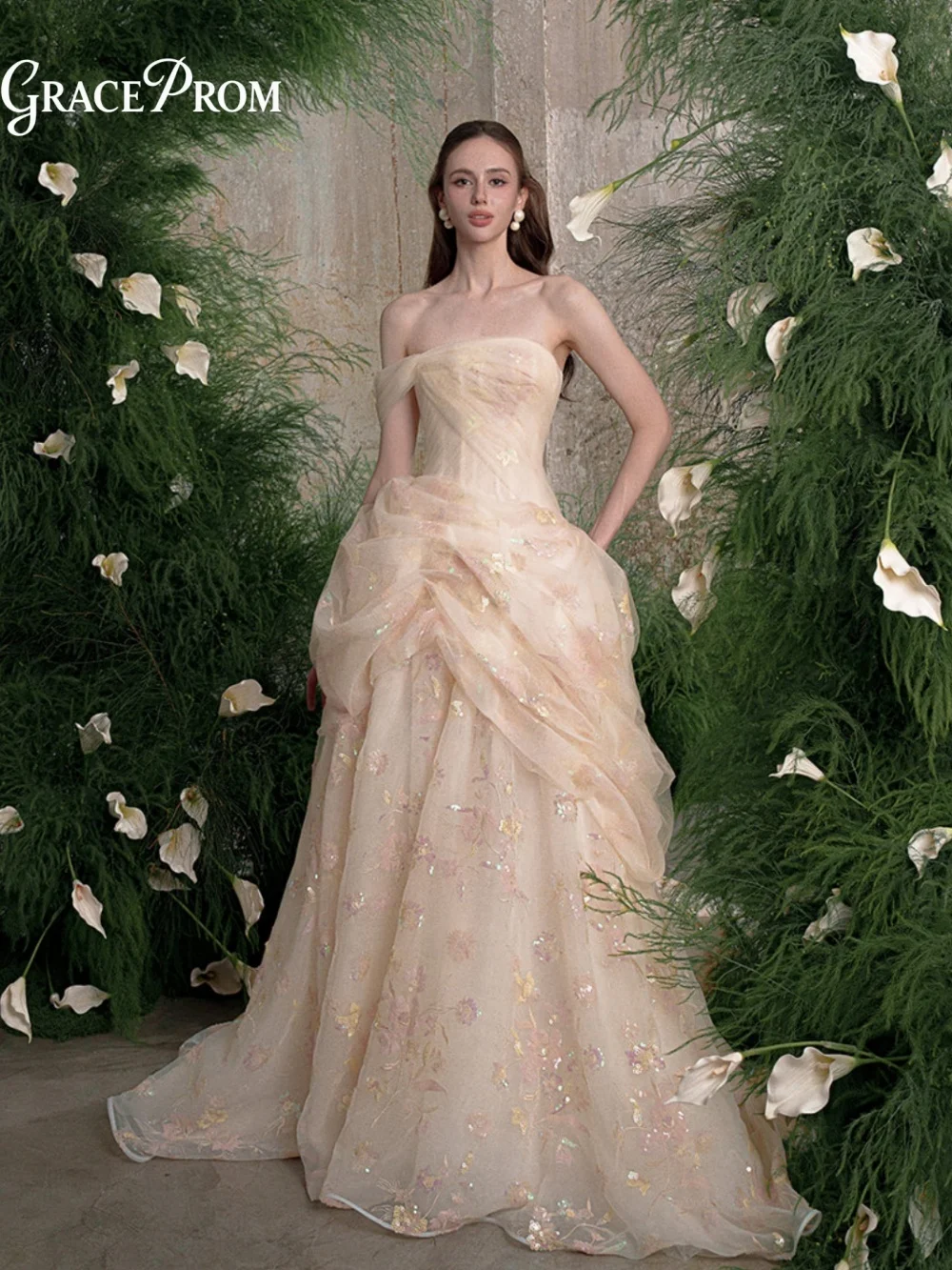 Romantic Pale Yellow Tulle Prom Dress 2027 Draped Bodice Floral Sequin A Line Formal Evening Gown For Wedding Party فساتين سهرة