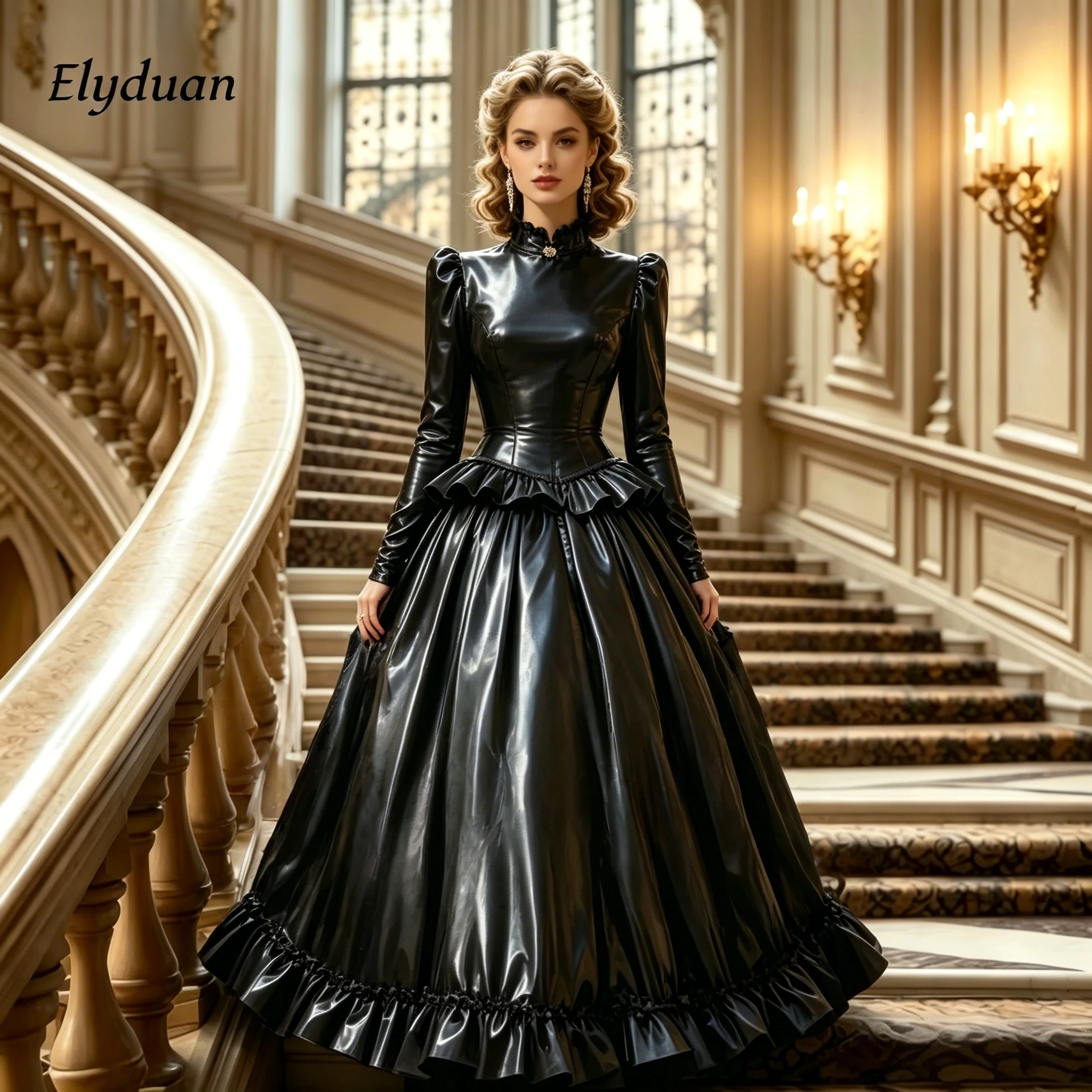 Gotisches viktorianisches Steampunk-Abschlussballkleid, glänzendes schwarzes PU-Leder, Rüschen-Ballkleid, Maskerade-Halloween-Kostüm, individuell gestaltet