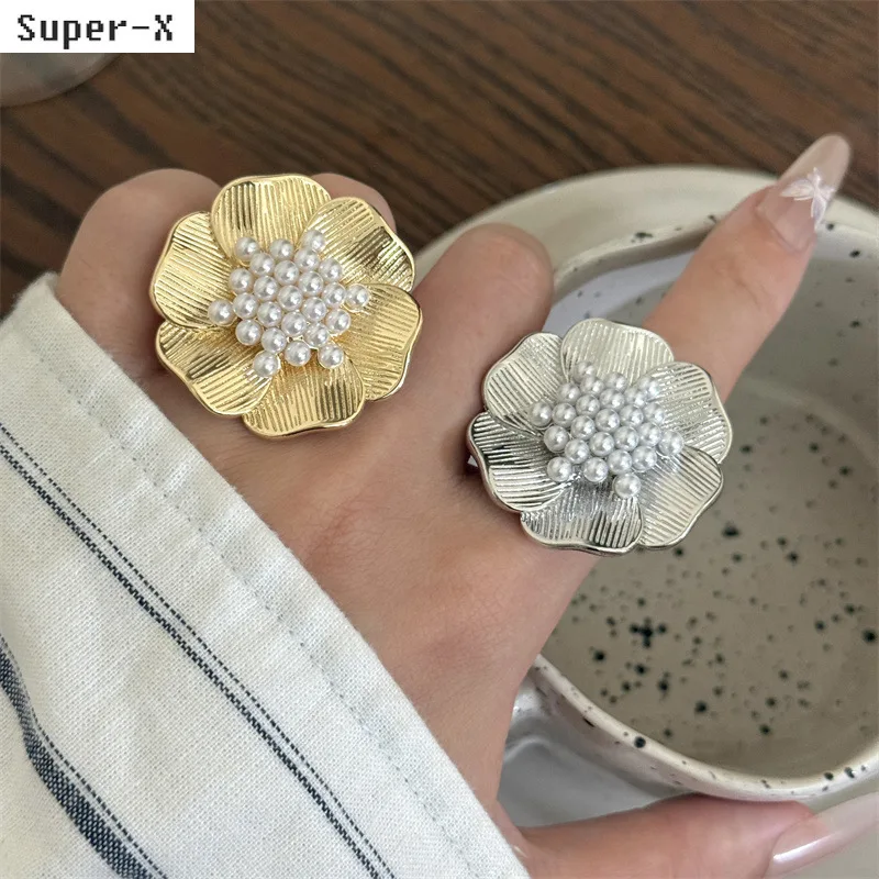 

large flower open ring for women metal gold silver color jewelry niche design