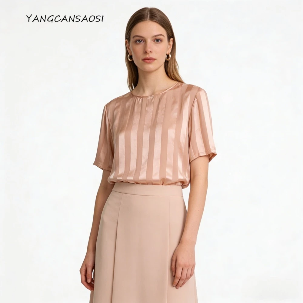 

2026 Women's Spring/Summer New Pink Stripe 100% Natural Mulberry Silk Satin Versatile Casual Round Neck Short Sleeve T-shirt