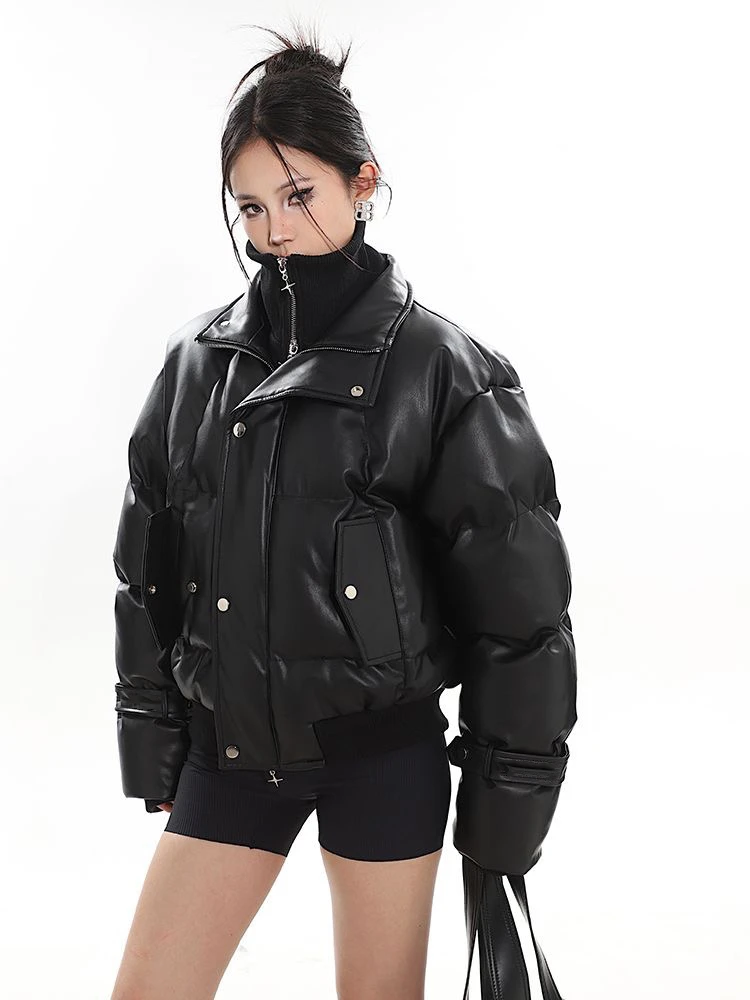 American Retro High-End Feel ort PU Pelle Jaet Metal Sense Pane Cappotto Colletto alla coreana Capispalla invernale per donna