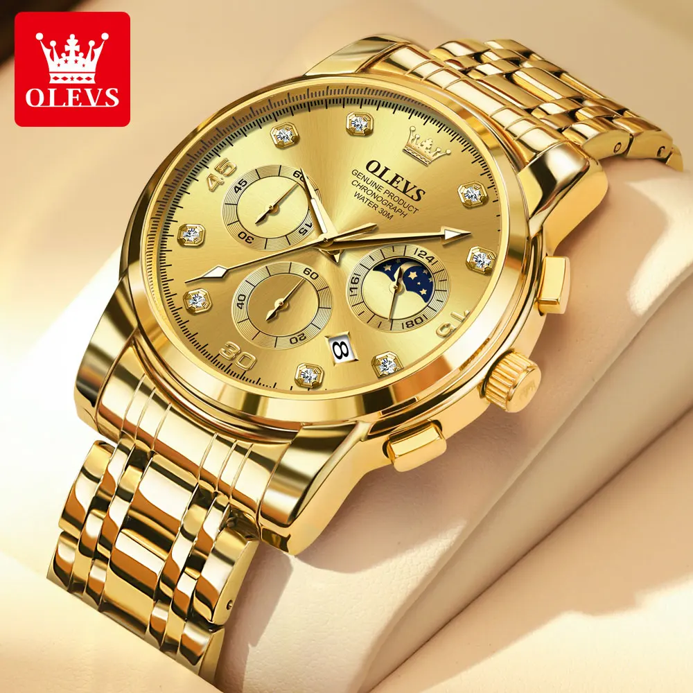 

OLEVS Men's Watches Luxury Gold Original Quartz Watch for Male 30M Waterproof Luminous Chronograph Moon Phase 24 Hours Display