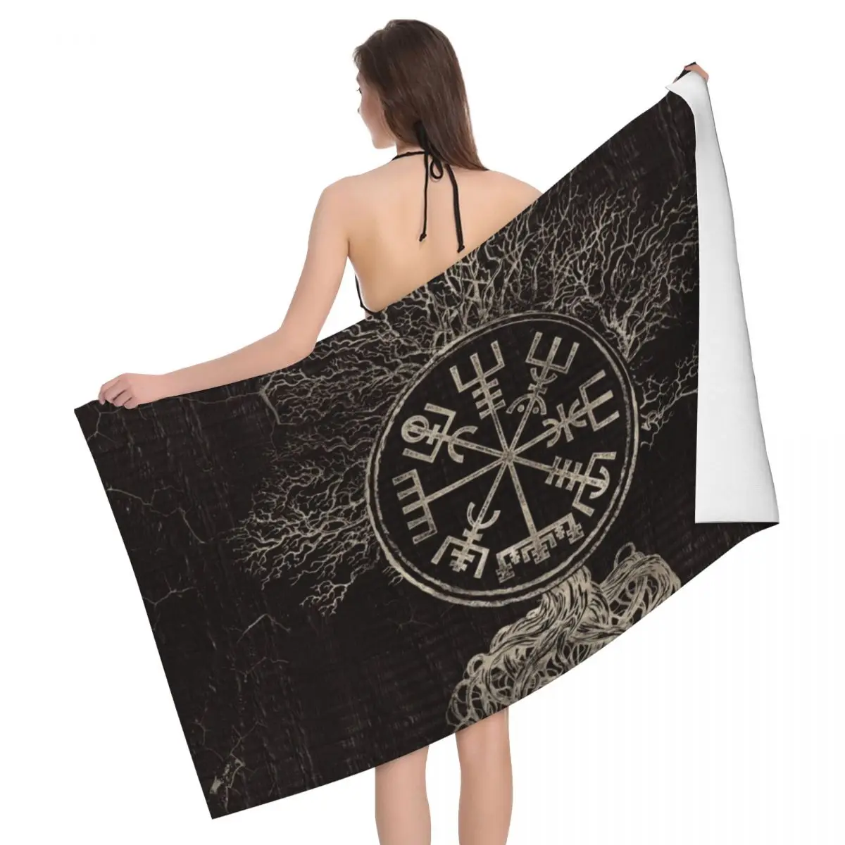 

Vegvisir And Tree Of Life Yggdrasil Beach Towel Personalized Viking Compass Soft Linen Microfiber Bath Towels