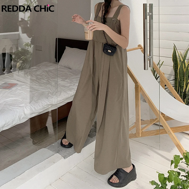 

REDDACHiC Casual Flowy Belt Jumpsuit for Women Solid High Waist Wide Leg Overalls Y2k Retro Cotton Linen Bib Pants OL Work Wear