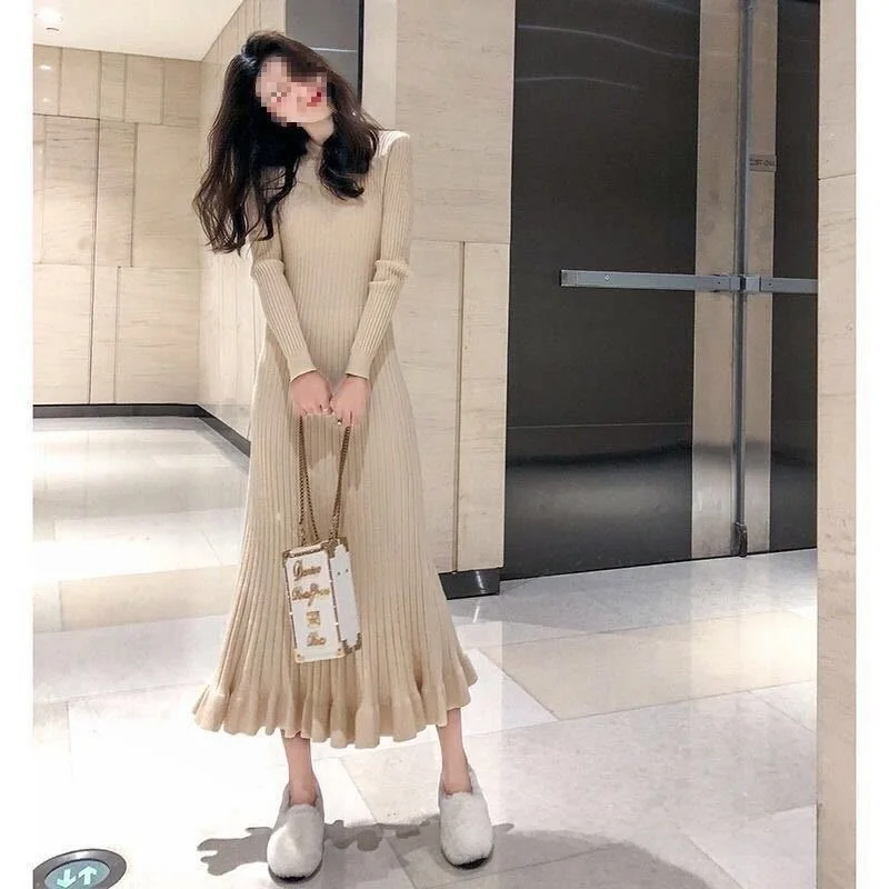 

Early Autumn 2025 Knitted Fish Tail Maxi Dress Slim Fit Base Layer Single Wear Long over Knee Elegant Dress Cleanfit Style