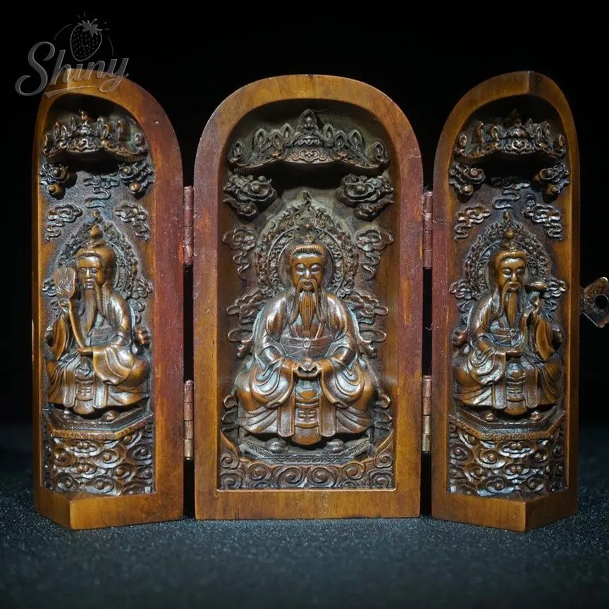 

Old Chinese Boxwood Sanqing Three Open Box Statue of God Taoist Heavenly Father Taishang Laojun Ancestor God Statue