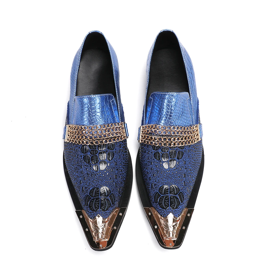 Summer Slip On Business Dress Mens Derby Shoes Blue Snake Skin Luxury Genuine Leather Shoe Man Pointed Party Trend Oxfords