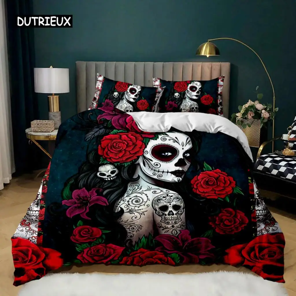 Skull Duvet Cover Red Rose Skeleton Queen Floral Skeleton Traditional Mexican Halloween Double Queen King Polyester Qulit Cover