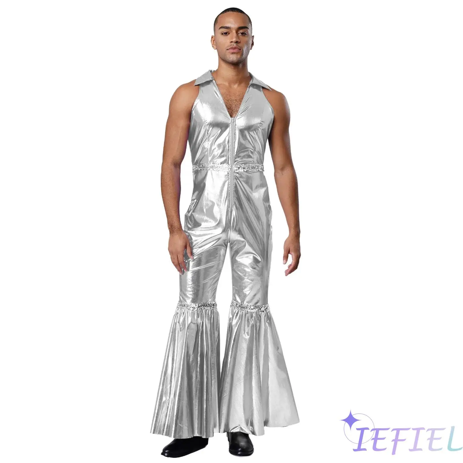 

Mens 70's Disco Dance Rompers Sleeveless Front Zipper Sequins Bell Bottom Long Pants Jumpsuit for Retro Music Party Jazz Dance