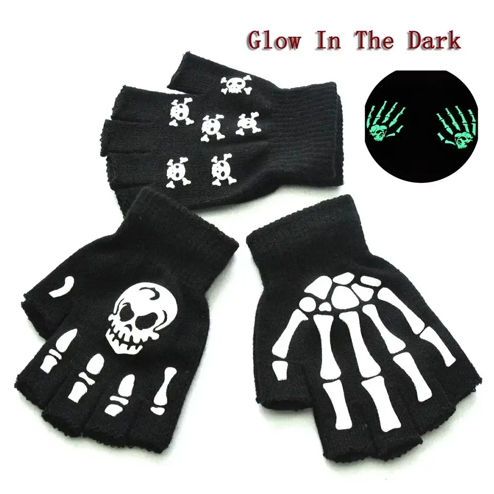 New Punk Gloves Unisex Halloween Skeleton Skull Half Finger Gloves Glow In The Dark Fingerless Stretch Knitted Winter Mittens
