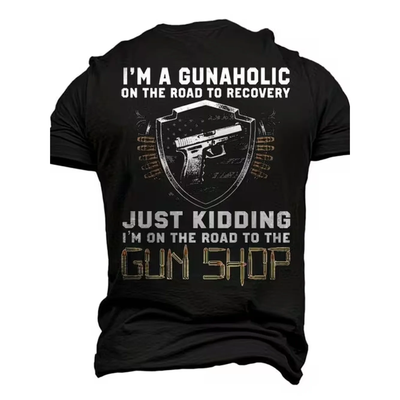 Mens Fun Gun Shop Humorous 3D Back Printed T Shirt I Gun Enthusiast Slogan With Ammunition Belt Pattern Black Casual Round Neck Top Suitable For Gun Enthusiasts Machine Washable Clothing