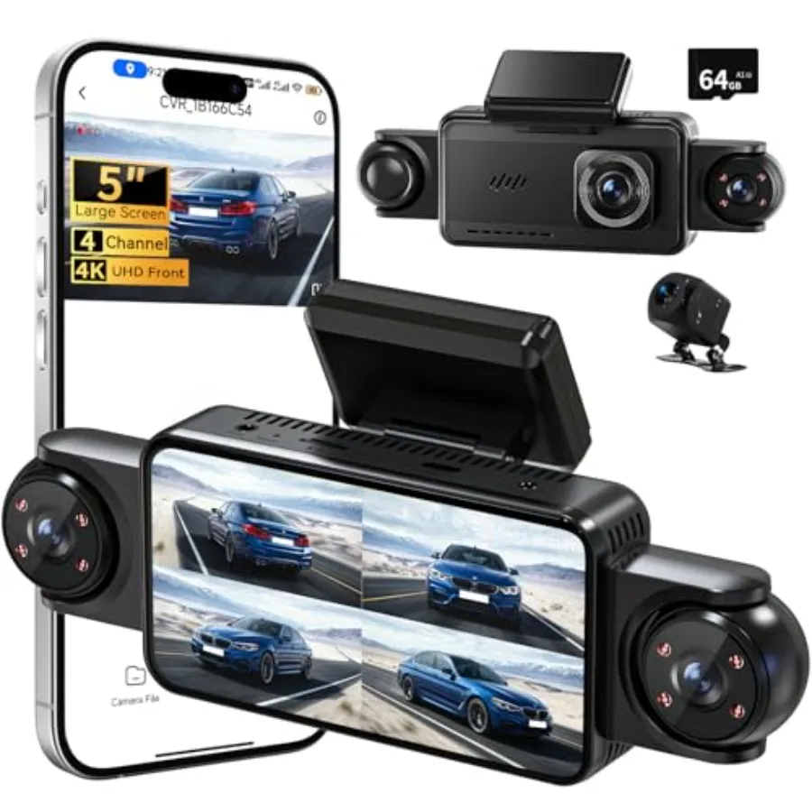 

Car dash cam with 360 view, ABS plastic body, black color, 4-channel 4K+1080P recording and built-in IR night vision
