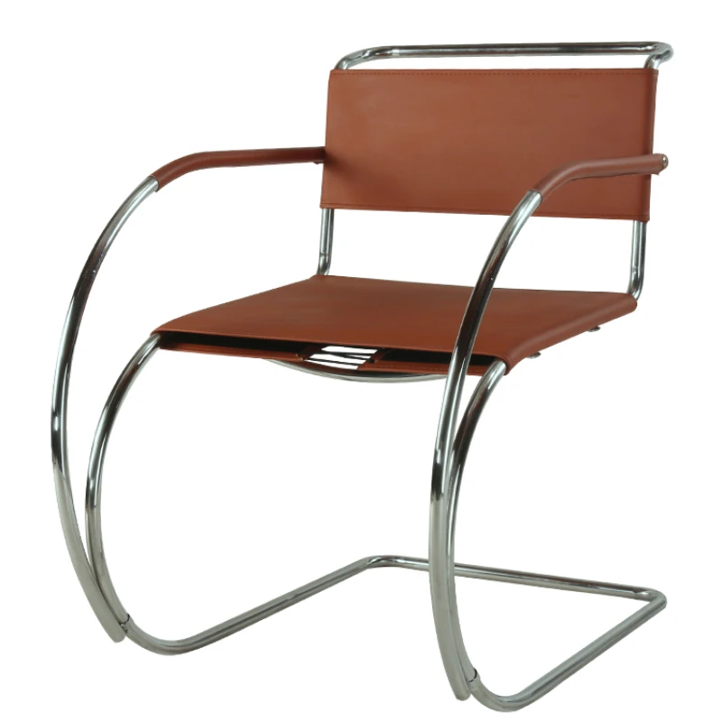 Curved Armchair Simple Modern Medieval Stainless Steel Tube Thickened Leather Dining Chair