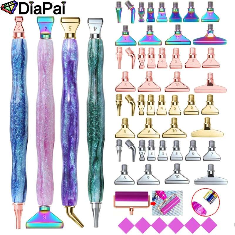 DIAPAI （22 Pcs） Shiny Scallion-shaped Pen 12pcs Diamond Bits 6pcs Glue 3pcs Pen 1pcs Roller & Box Threaded Dotting Tool Set Gift