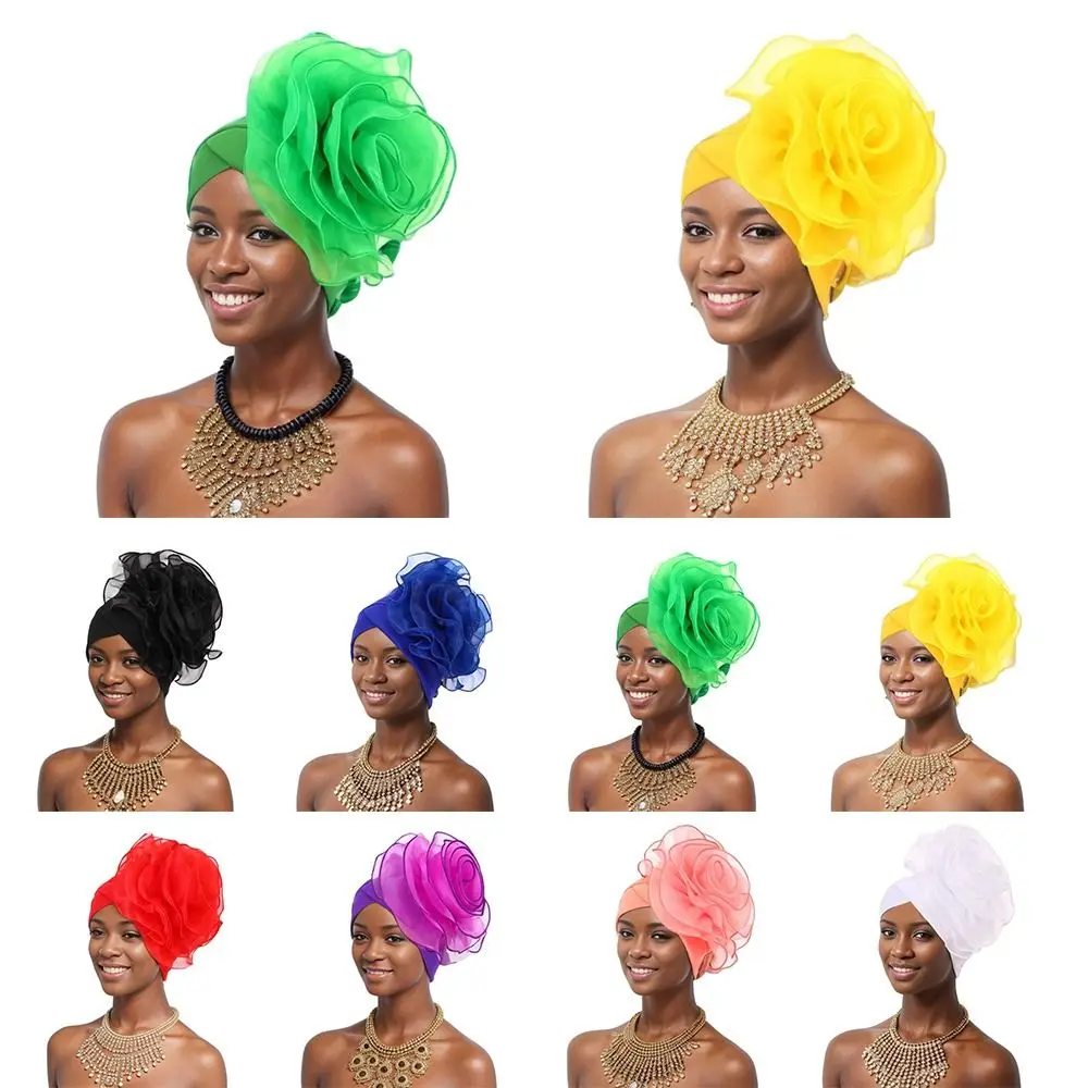 Exaggerated Large Flower Turban Cap Party Headpiece African Lady Head Wraps Solid Color Headwear Beanie Cap Ladies