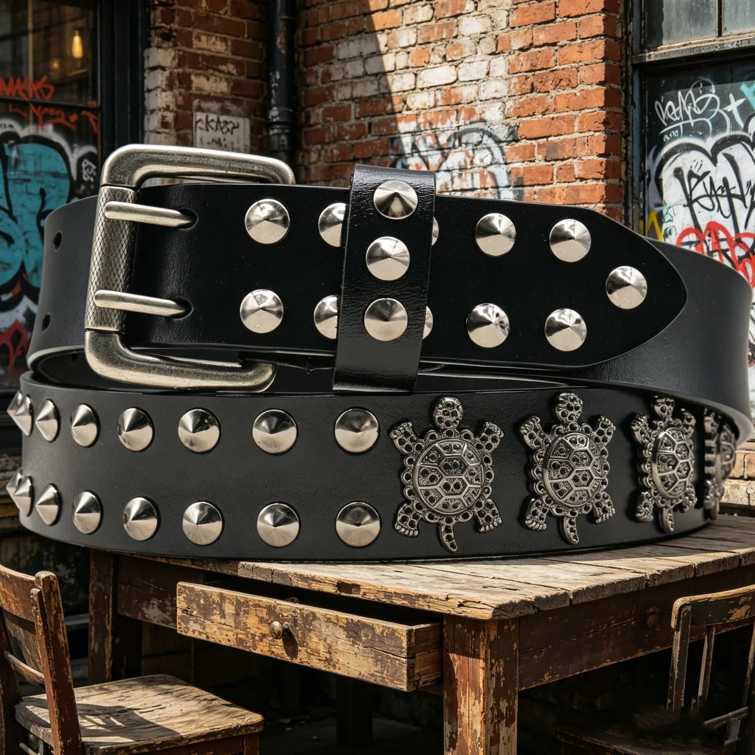 

High quality Gothic style belt, heavy-duty double needle buckle leather belt, punk hip-hop jeans belt suitable for men and women