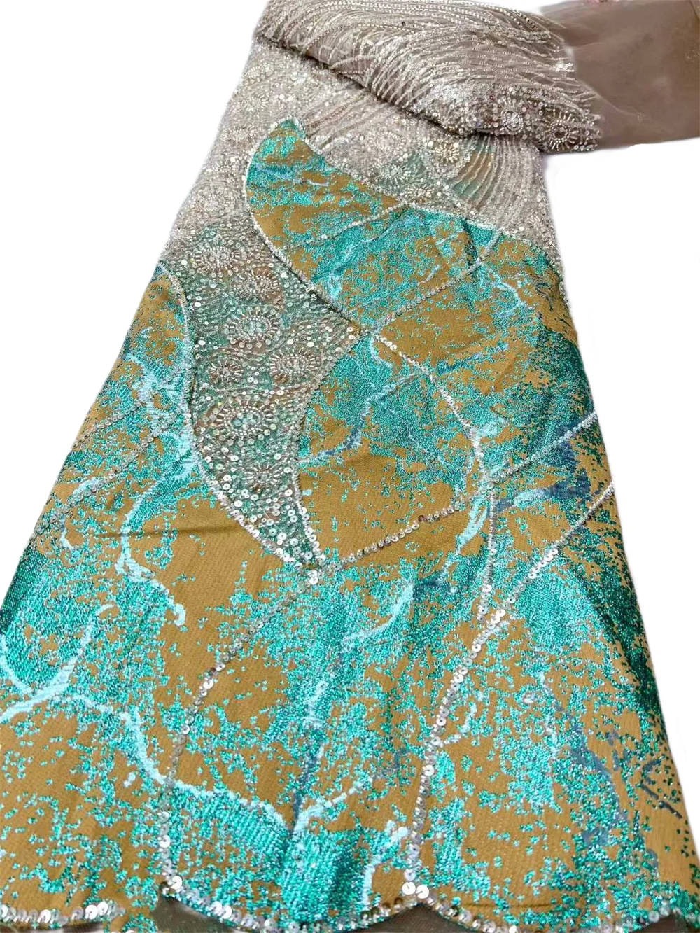 Fashion Heavy Beaded Sequins African Brocade Jacquard Fabric Nigerian Organza Material French Lace Net Tulle Mesh Tissu 5 Yards