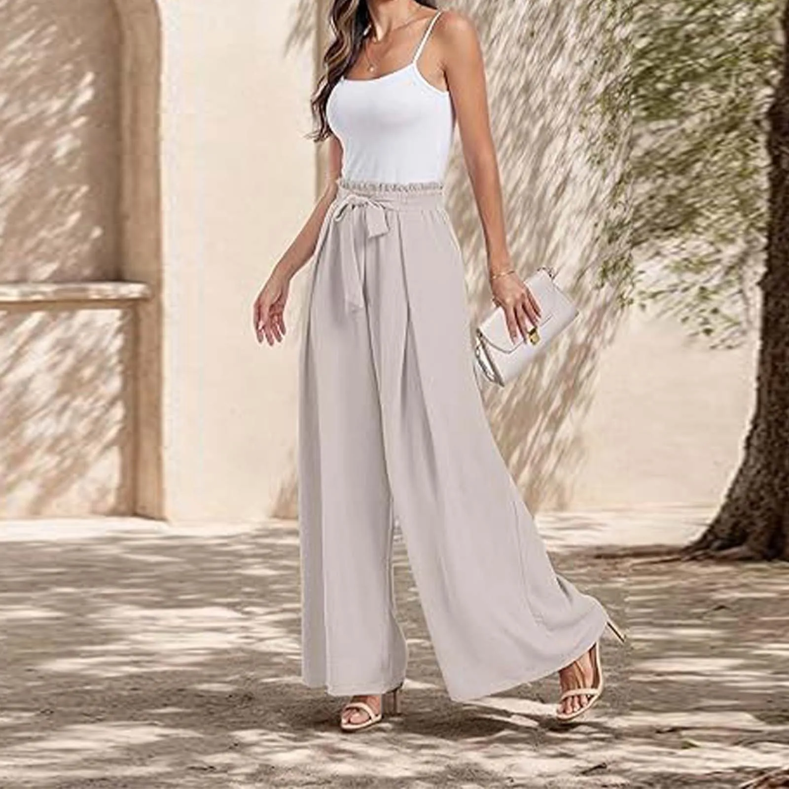 

New Women'S Bow Tie Waist Trousers Solid Color High Waist Palazzo Pants Casual With Pockets Long Trousers Commuting Pantalones