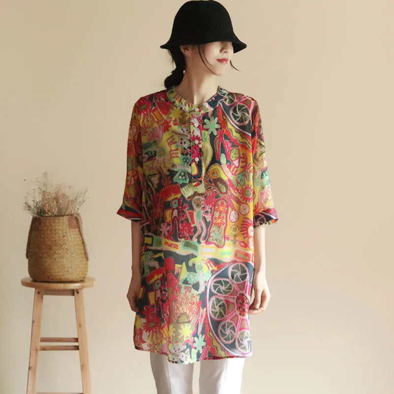 

Comfortable Floral Print Vaion irt Stand Collar Mid-Length ort Sve Qui Dry Korean Sle Commute Straight Tube irt