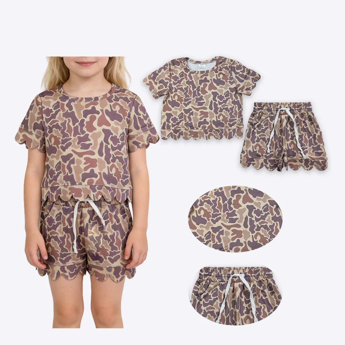 

Boutqiue Comfy Cute Baby Girls Southern Khaki Camo Top Shorts Scallop Clothes Sets Toddler Clothes Children Clothing Wholesale