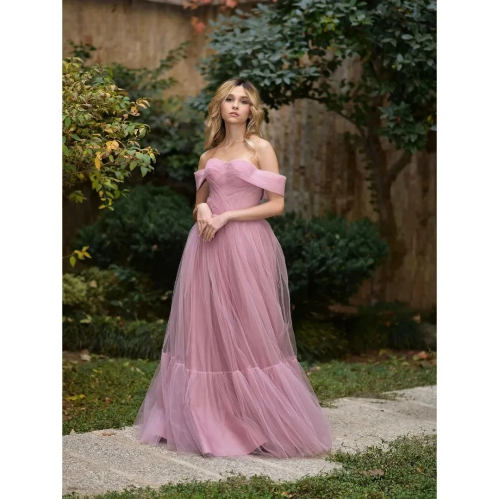 Customized Off Shoulder Chiffon A-line Pink Evening Gown 2026 with Pleated Corset and Layered Ball Dress Suitable for Weddings