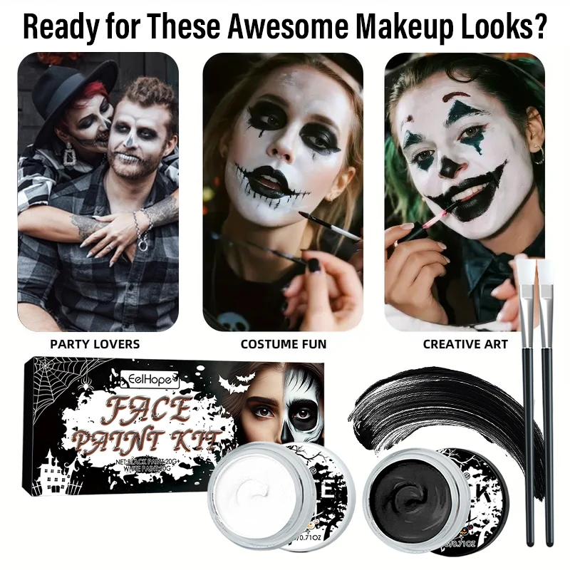Black & White Face Body Paint Kit with Brushes Long-Lasting Makeup For Halloween Festive Fun Makeup Accessories Makeup Set