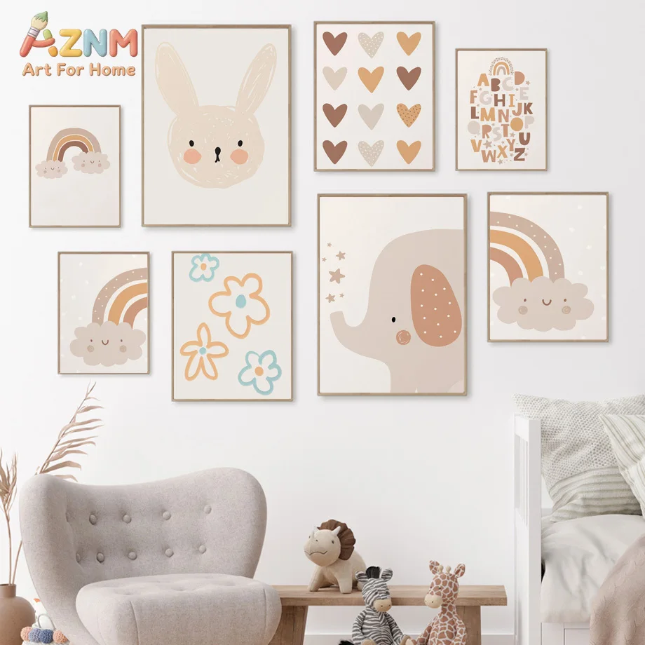 AZNM Boho Neutral Cartoon Rabbit Elephant Canvas Print Rainbow Heart Alphabet Flower Pastel Beige Cute Wall Poster Unframed Baby