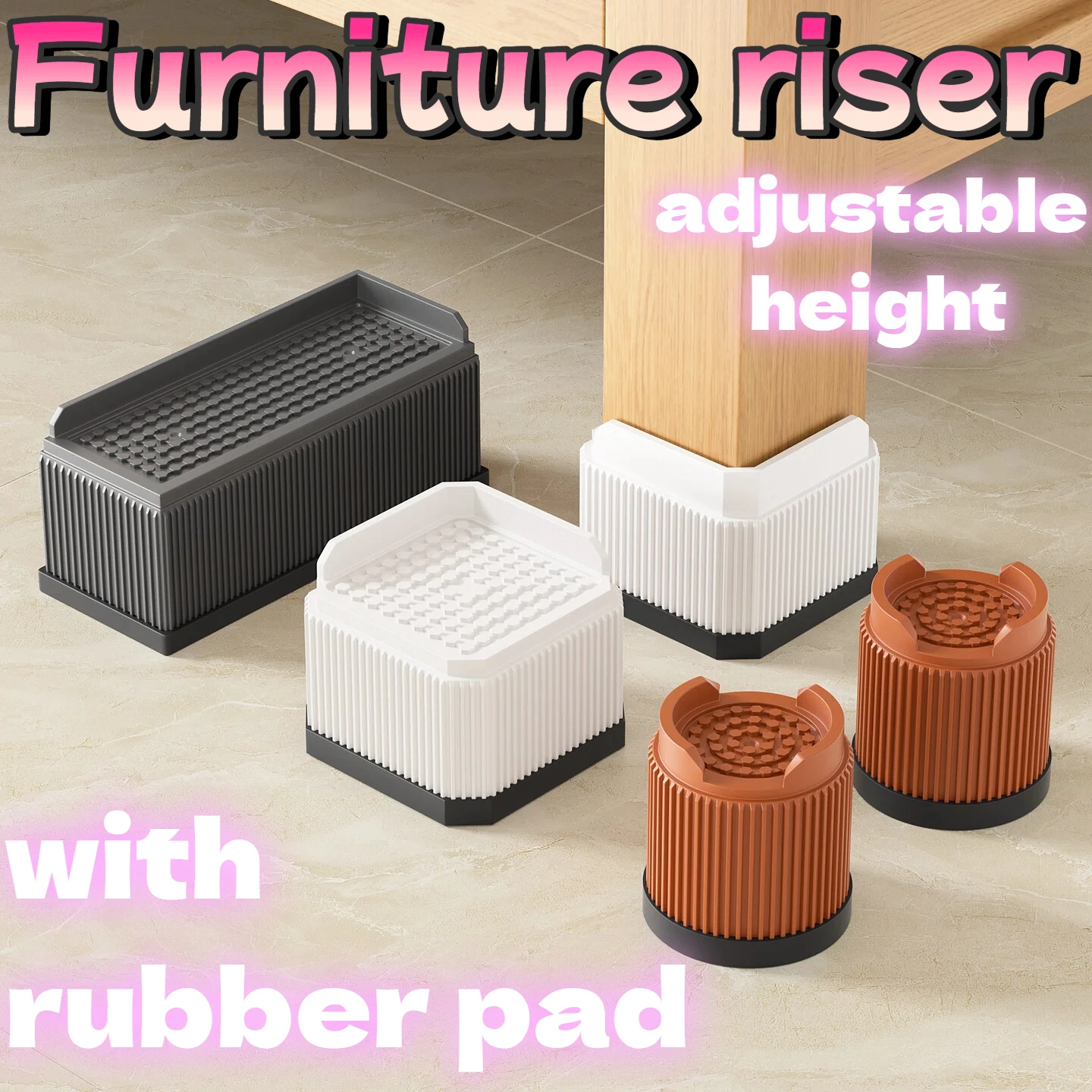 Floor Protecting Furniture Riser Heavy Duty 500kg, PP Plastic Bed Sofa Leg Riser 4 Height Sizes Non Slip, Black White Brown