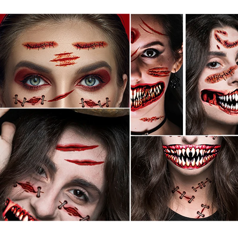 Halloween Big Mouth Face Tattoo Scar Stickers for Day of the Dead Party Temporary Tattoos for Women Men Night Bar False Tattoo