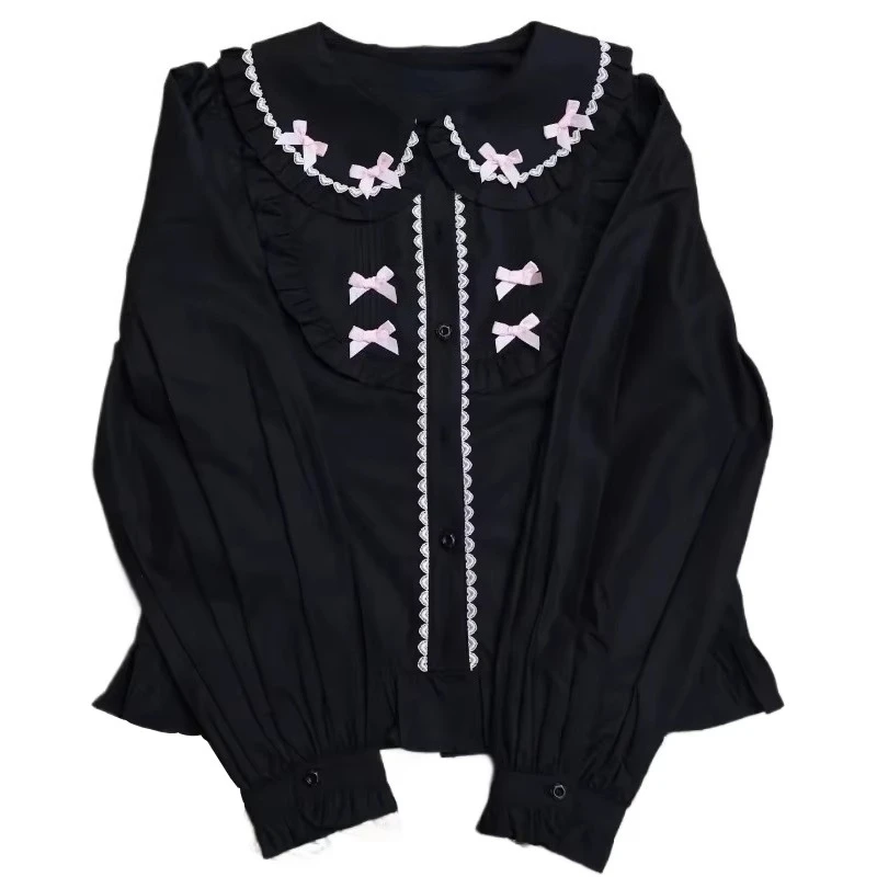 Sweet Lolita Blouse Shirt Women Long Sleeve Summer Japanese Kawaii Lace Ruffle Tops Bow Peter Pan Collar Graduate