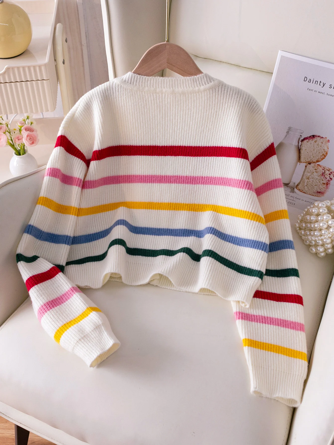 Girls' colorful striped short sweater knitted cardigan jacket suitable for vacation parties in spring, autumn, and winter