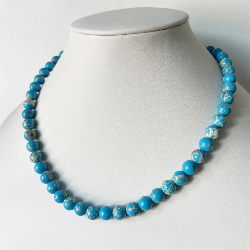 8MM Blue White Imperial Turquoise Necklace Natural Stone Jewelry Health Care Gemstone Protection Choker Healing Yoga Female