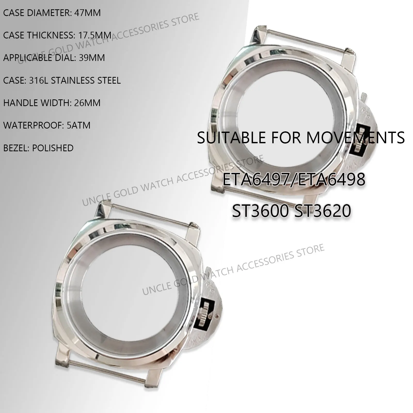 47mm Watch Case Sliver PAM 316L stainless steel Transparent bottom Watch case for ETA6497/ETA6498 ST3600/ST3620 Movements