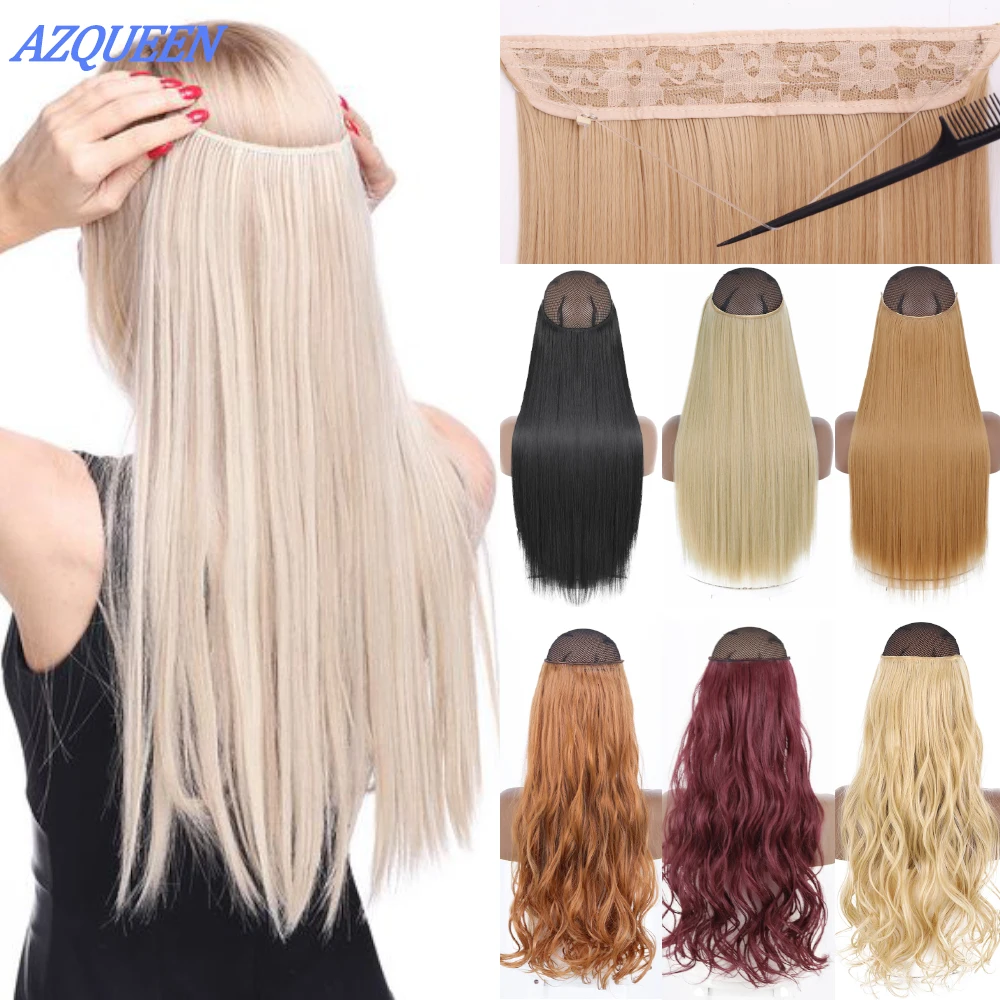 

AZQUEEN Synthetic No Clips Invisible Thread Hair Extension Straight Black Inner Hot High Temperature Fiber Hairpieces