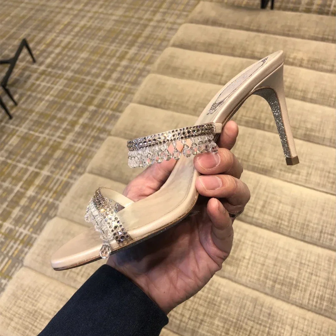 2024 Summer New Sandals with Transparent Crystal Rhinestones High-heeled Stiletto Women\'s Slippers