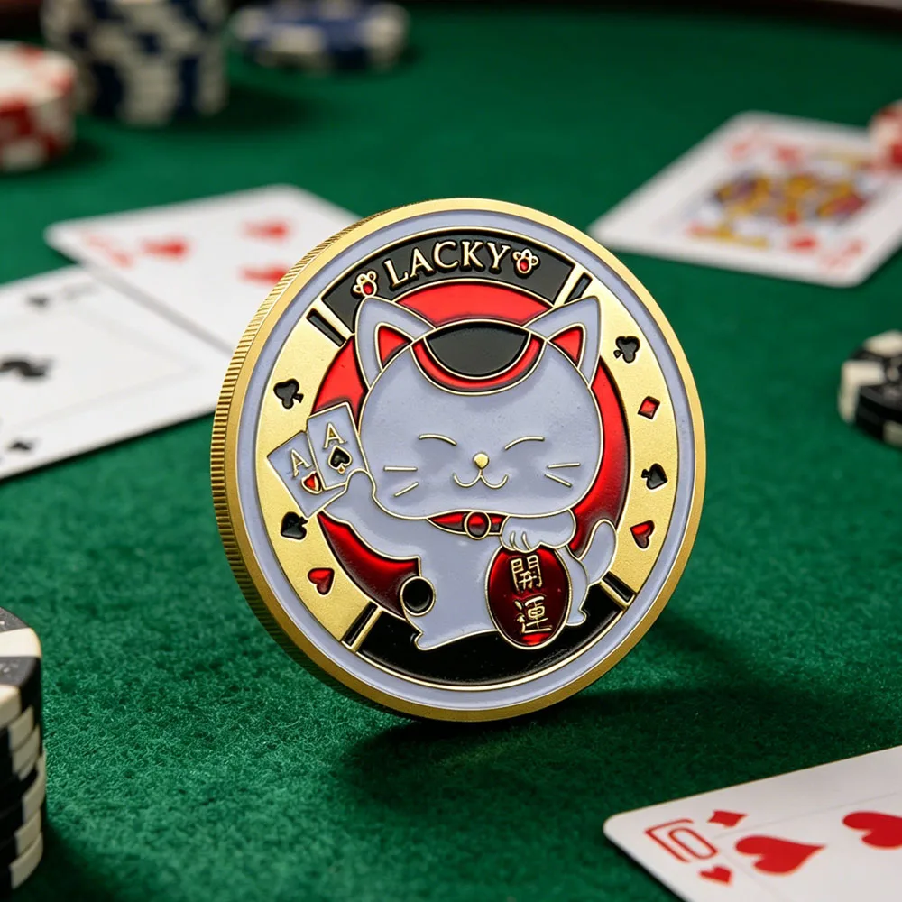 1 unidade Moeda Comemorativa Maneki-neko da Sorte, Guardião de Cartas de Poker, Ficha de Sorte de Cassino de Las Vegas, Colecionável, Lembrança, Presente para Amigos