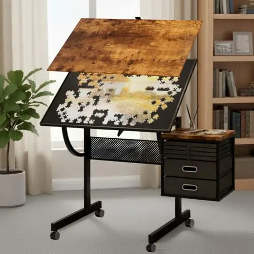2 in 1 Puzzle Table Double-Sided with Wheels, Adjustable Drafting Desk with Drawers, Felt Storage Trays,, Art Table