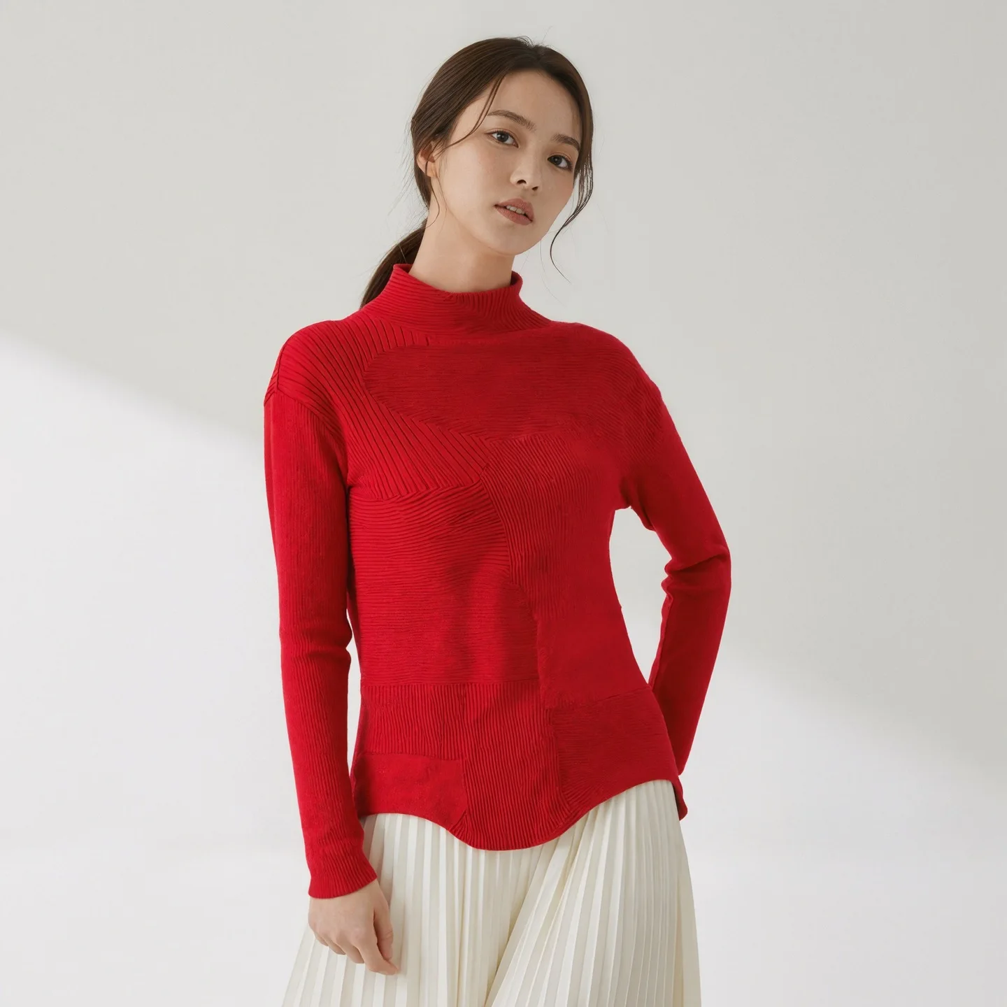 

Miyake Style Fashion Irregular Wool Sweater for Women Solid Long Sleeves Half High Collar Pullover Kints Tops 2025 Autumn New