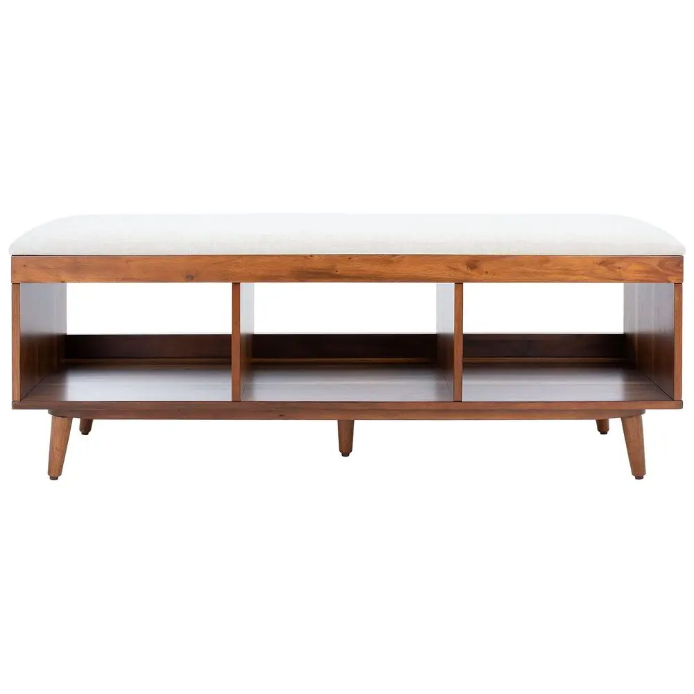 Home Collection Cricket Cream Cushion Open Storage Bench, Natural Brown Rectangle Bench with Shelves for Entryway, Bedroom or L