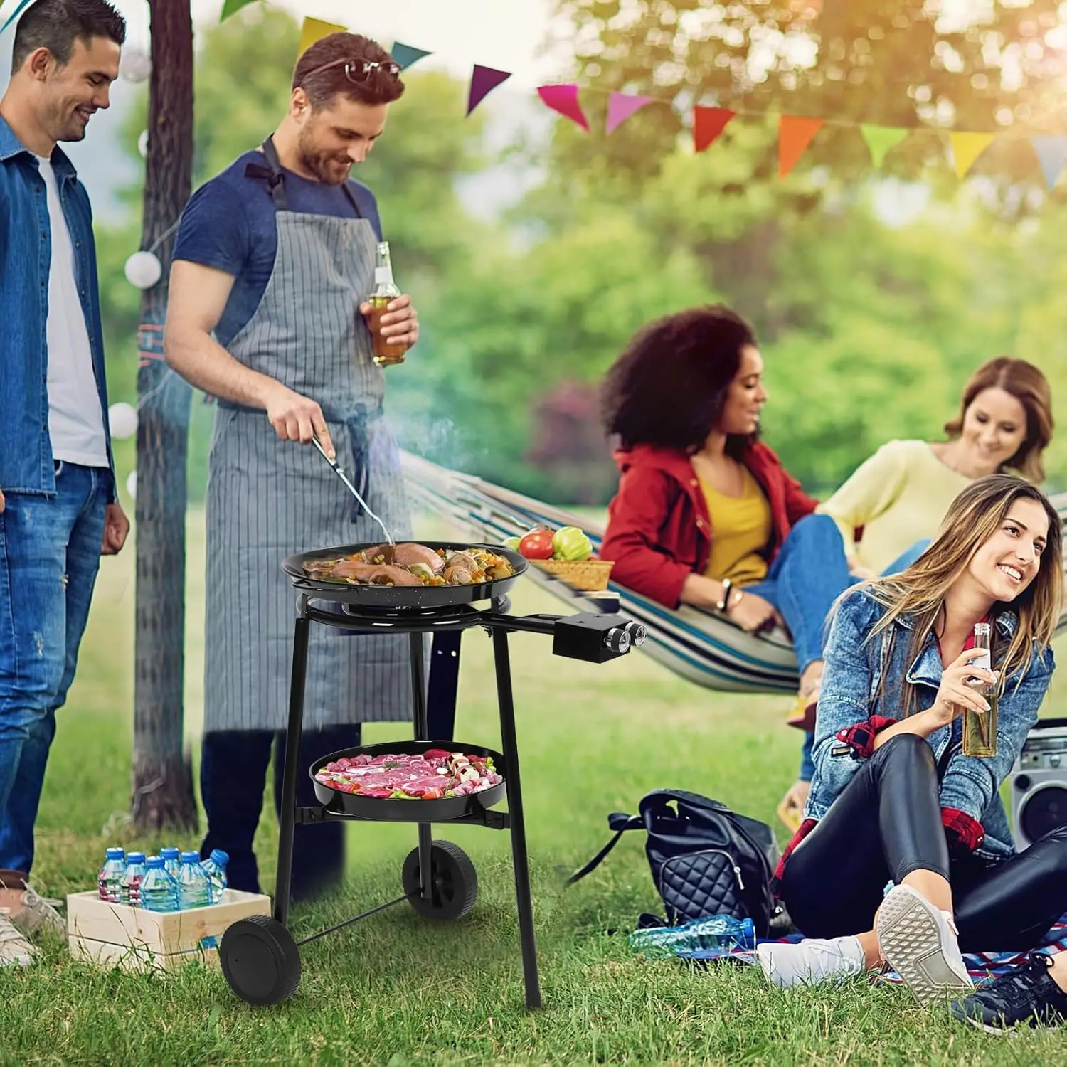 مجموعة شعلة وحامل Paella على عجلات، مجموعة Paella كاملة لفرن ما يصل إلى 14-16، فرن قلي المأكولات البحرية للتخييم من الفولاذ منخفض الكربون