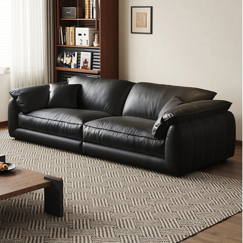 

Big black cow leather retro sofa living room 5 new office light luxury high-end black small apartment