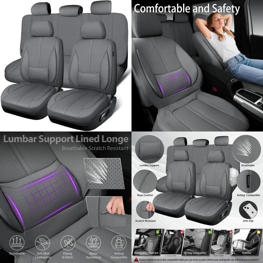 

CAR PASS Nappa Leather Seat Covers Full Set, 3D Foam Faux Leather Car Seat Covers with Lumbar Support, Water Resistant Grey Seat