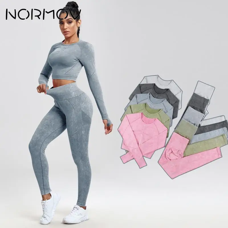 NORMOV Gym Sets Women Seamless Sportswear Push Up Woman Yoga Set High Waist Female Tracksuit Long Sleeve Workout Set Buttocks