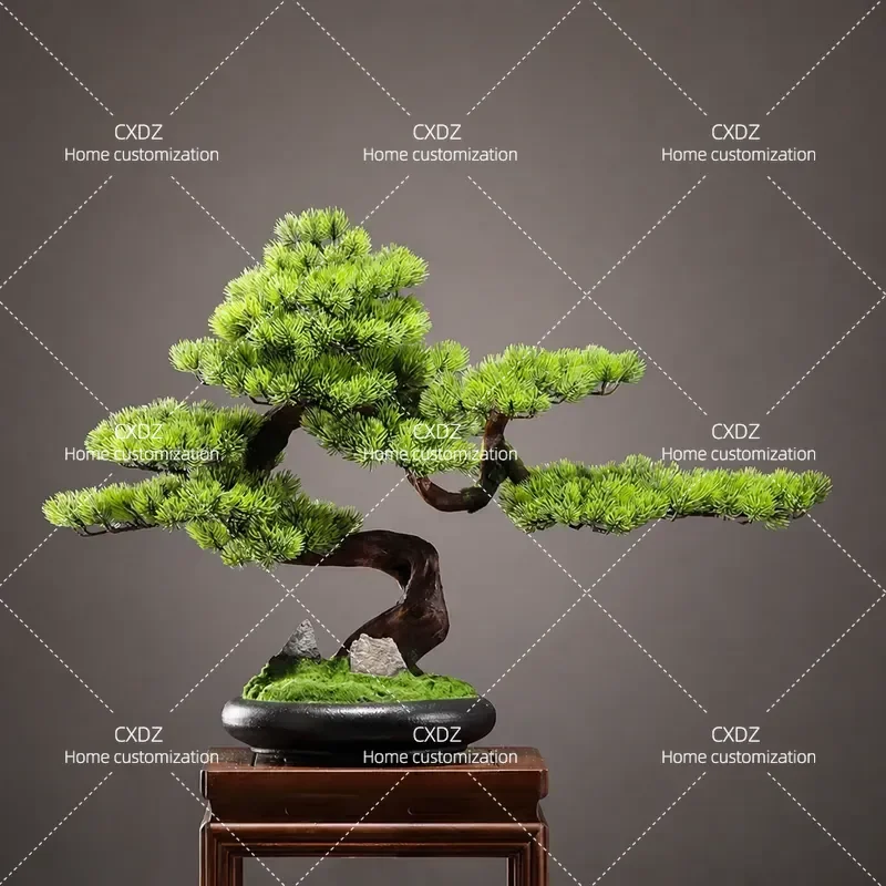 New Chinese Style Simulated Welcome Pine Solid Wood Green Plant Bonsai Living Room Entrance Office Desktop Home Decoration